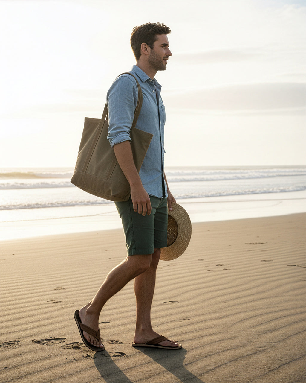 Man walking on a beach in flip flops with a bag and hat.