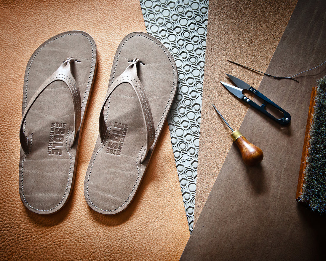 The handmade Sunblazer sandal being crafted at The Sole Workshop