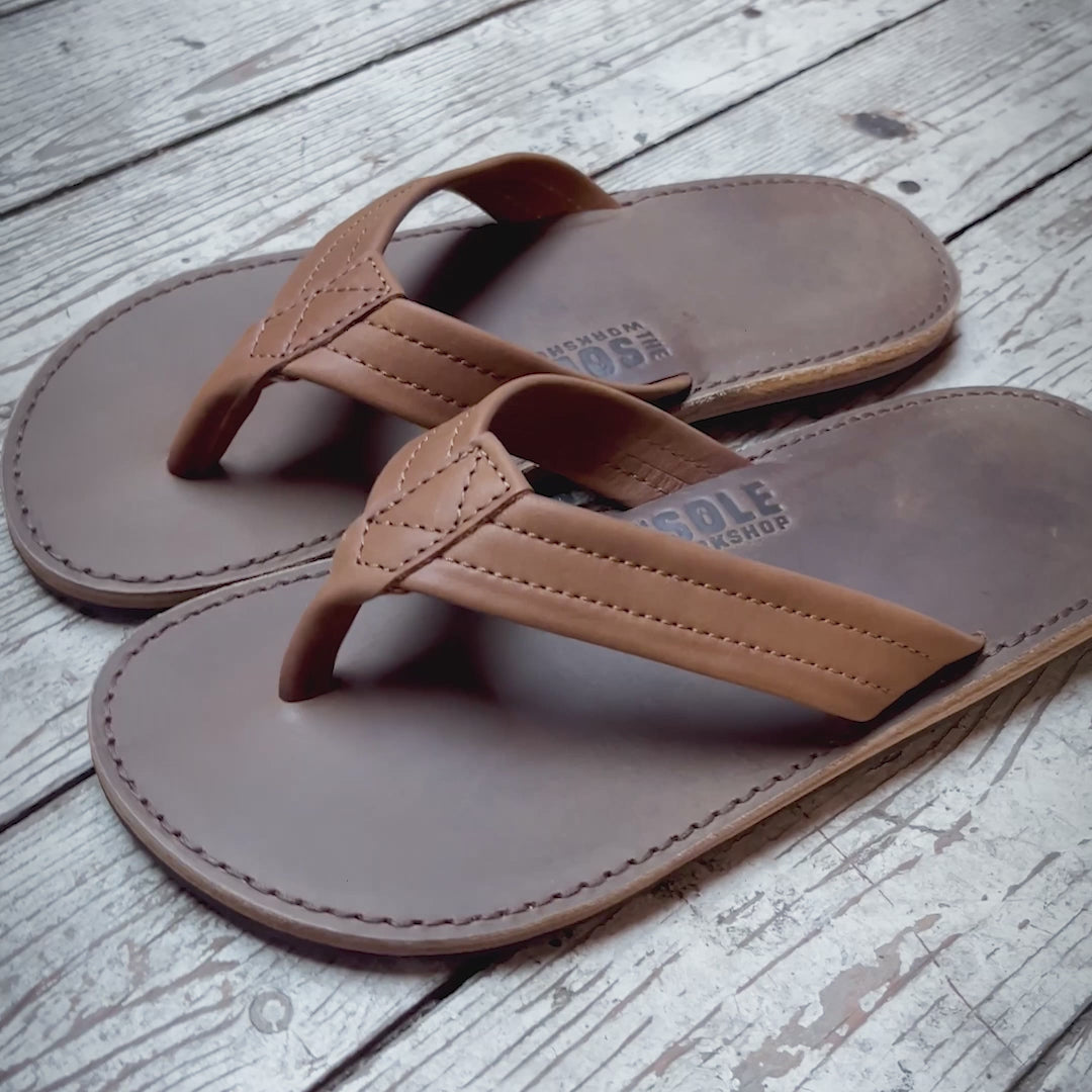 A video showing a pair of rugged Original Wanderer sandals on an old wood floor.